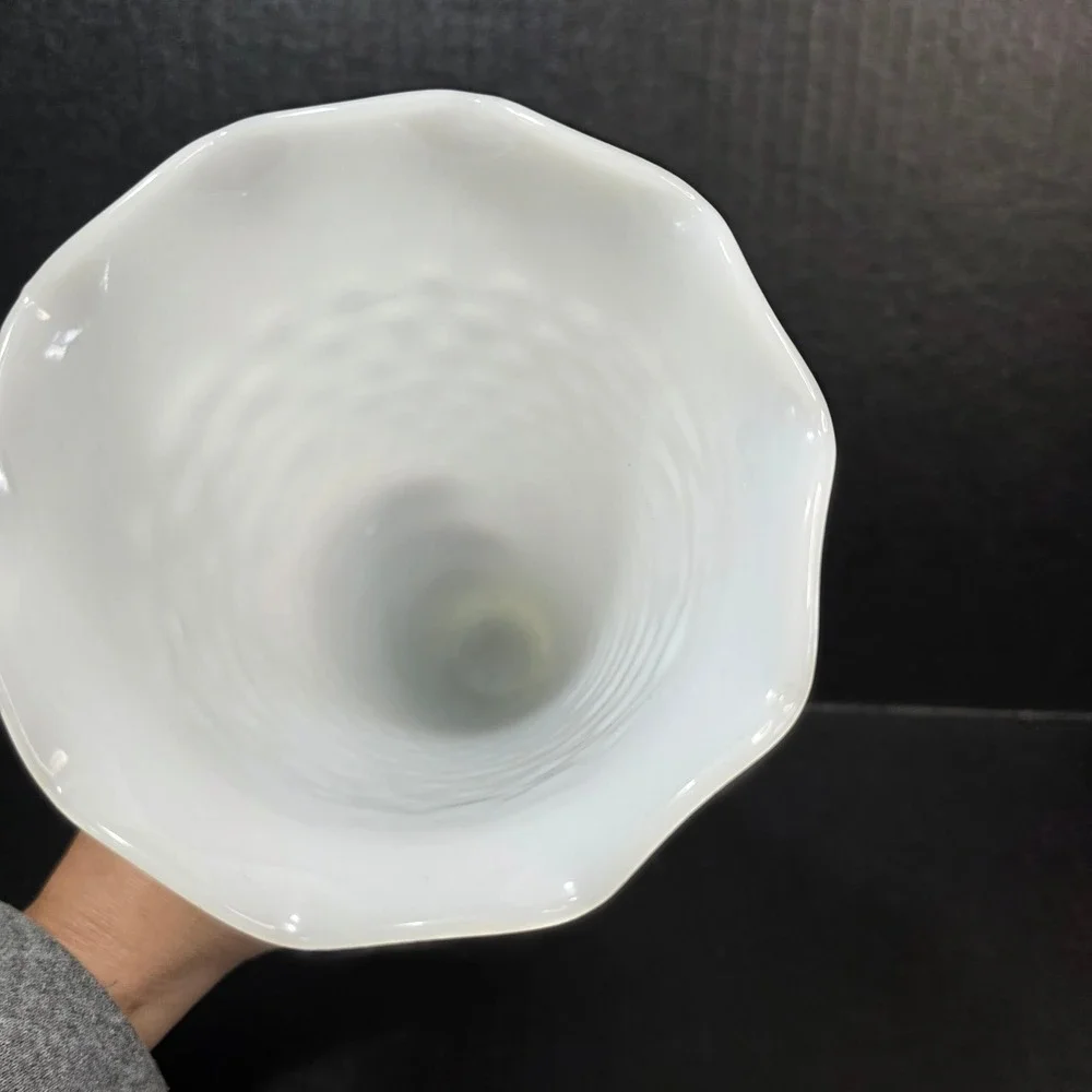 Hobnail Milk Glass Vase Scalloped Trumpet 9 Inch White Vintage Pedestal